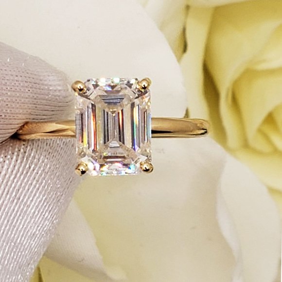 14K Yellow Gold 3 Carats Emerald Cut Moissanite Engagement Ring - Picture 1 of 14